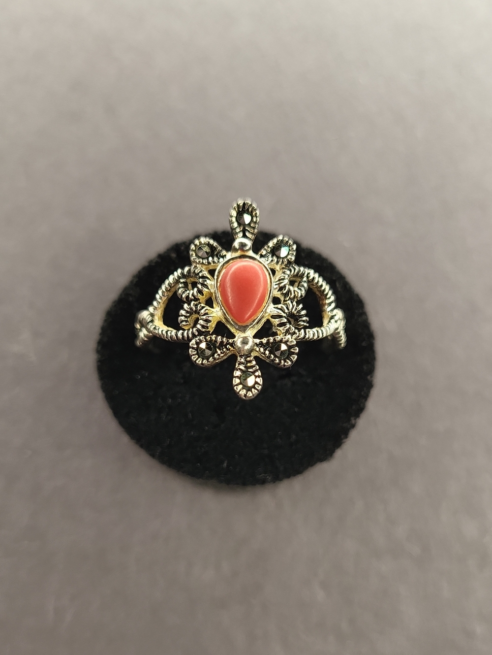 Elegant Vintage-Style Coral Teardrop Ring